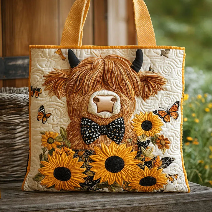 Vaatimaton Laukku - Highland Cattle auringonkukkien kanssa