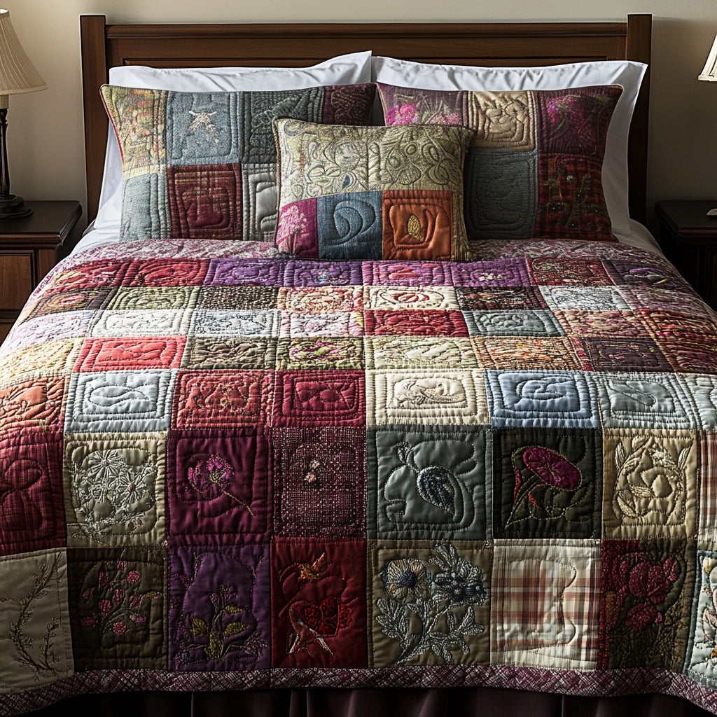 Patchwork 3-osainen tikattu vuodevaatesetti NCU0VT100