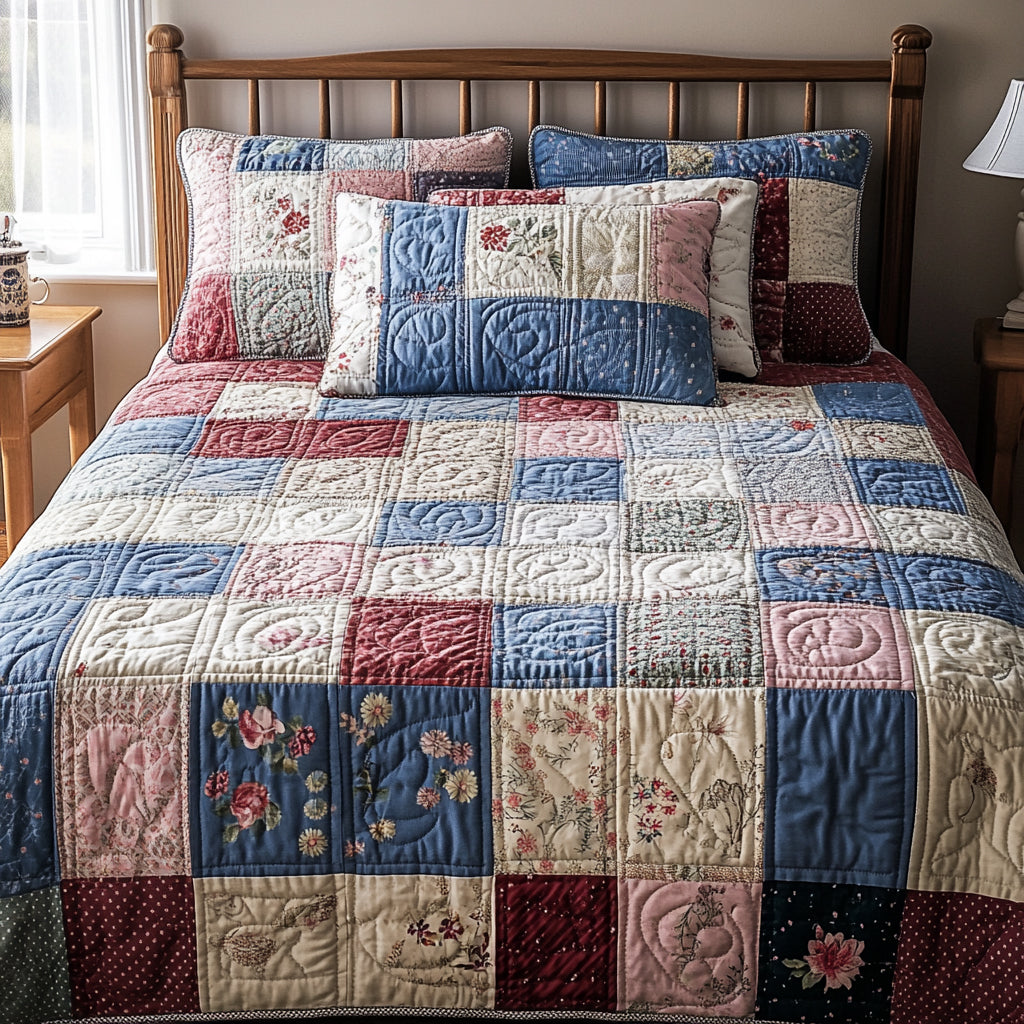 Patchwork 3-osainen tikattu vuodevaatesetti NCU0VT100
