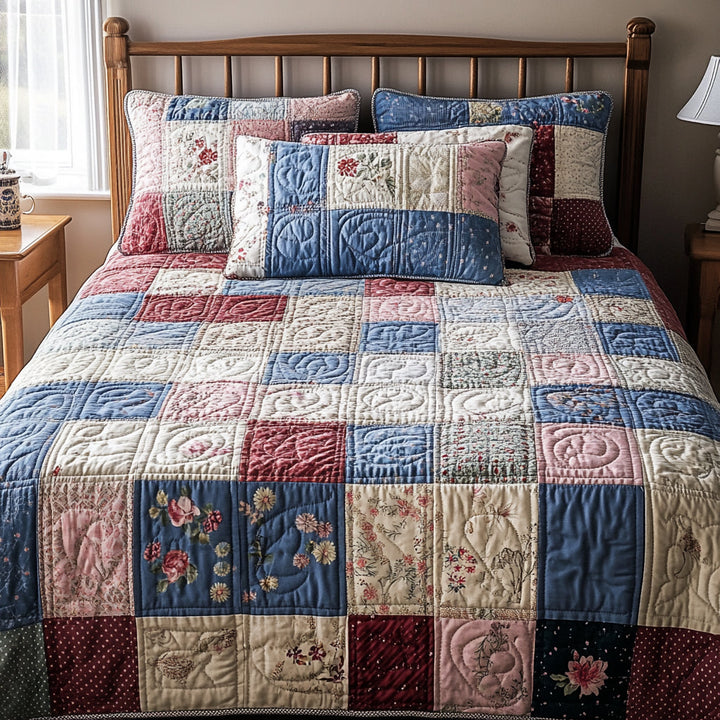 Patchwork 3-osainen tikattu vuodevaatesetti NCU0VT100