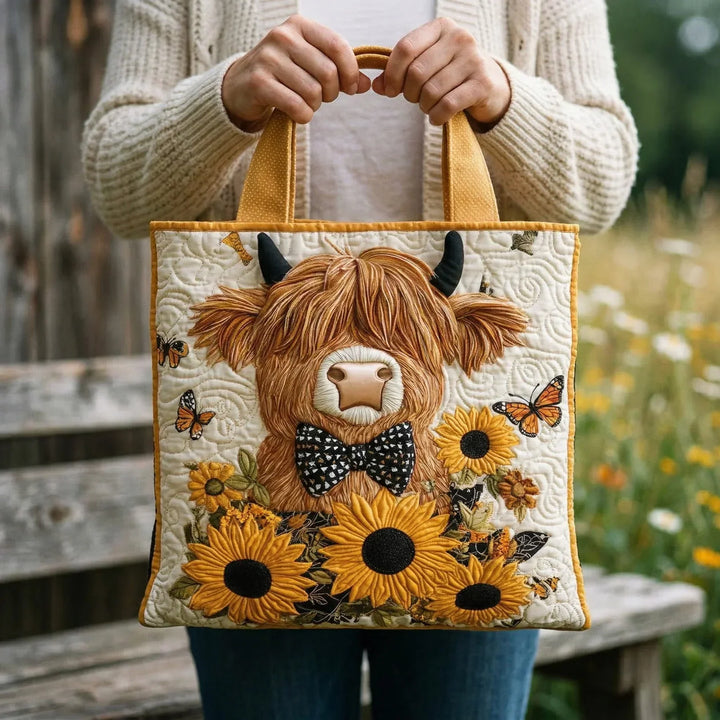 Vaatimaton Laukku - Highland Cattle auringonkukkien kanssa